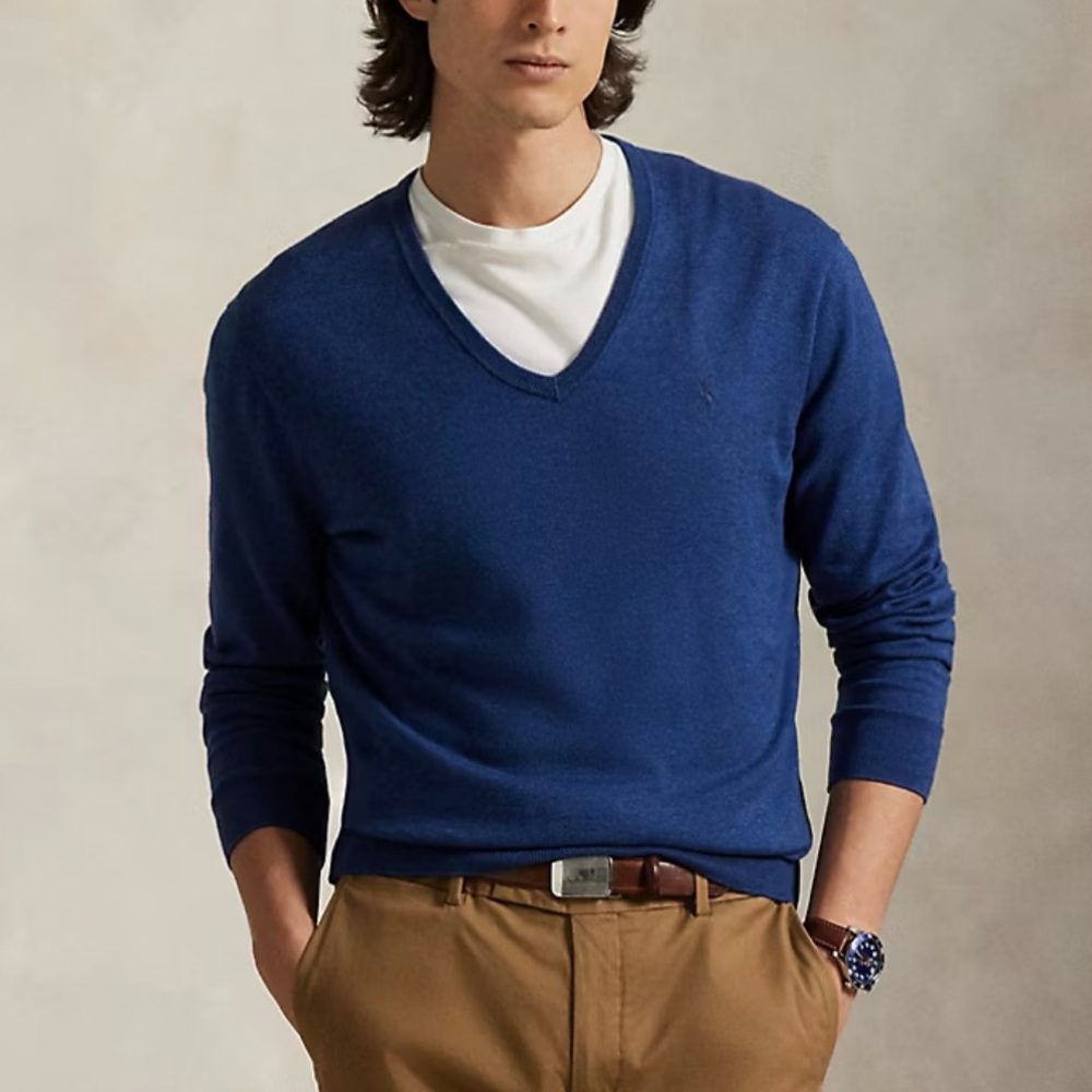 Polo Ralph Lauren‎ Men's Classic Blue V-Neck Sweater Pima Cotton Size X-Large